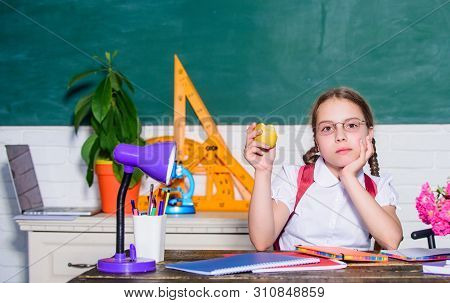 Organic Food. Digital Age With Modern Technology. Healthy Eating Is Good. Small Girl Ready To Eat Ap