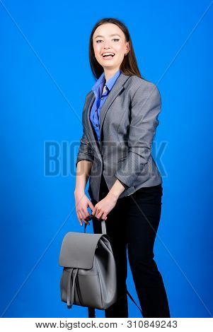 Student Life. Smart Beauty. Nerd. Business. Shool Girl With Knapsack. Stylish Woman In Jacket With L