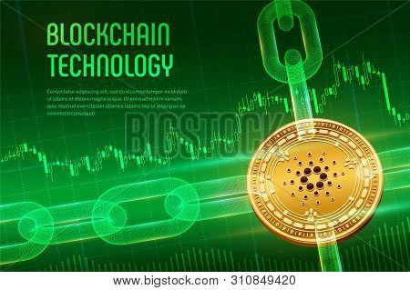 Cardano. Crypto Currency. Block Chain. 3d Isometric Physical Golden Cardano Coin With Wireframe Chai