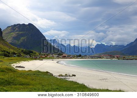 Norway Beach - Arctic Norway Landscape With Dramatic Clouds. Lofoten Islands Ramberg Beach.