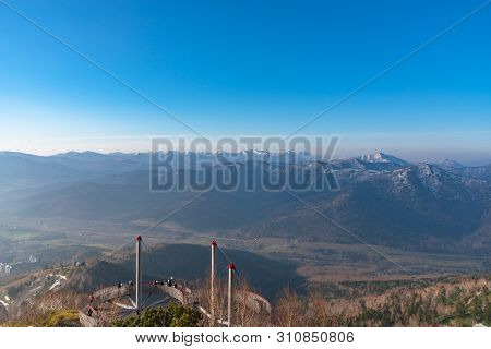 Hokkaido, Japan - May 12 2019 : Panorama View From Unkai Terrace In Summer Time Sunny Day At Tomamu,