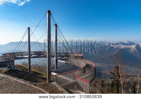 Hokkaido, Japan - May 12 2019 : Panorama View From Unkai Terrace In Summer Time Sunny Day At Tomamu,