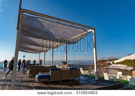Hokkaido, Japan - May 12 2019 : Panorama View From Unkai Terrace In Summer Time Sunny Day At Tomamu,