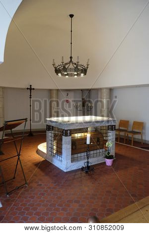 HEGNE, GERMANY - JULY 11, 2018: Sarcophagus of Blessed Ulrika Nisch, also known as Ulrika von Hegne in the crypt of the Convent of the Sisters of the Holy Cross in Hegne, Germany