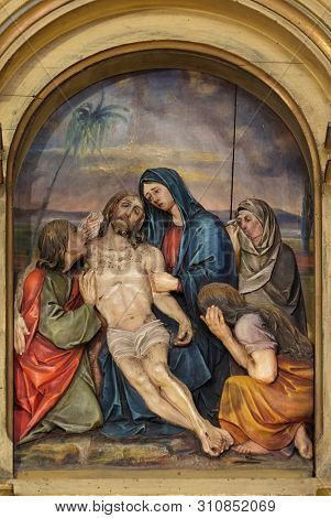 ZAGREB, CROATIA - MARCH 11: 13th Stations of the Cross, Jesus' body is removed from the cross, Saint John the Baptist church in Zagreb, Croatia, on March 11, 2017.