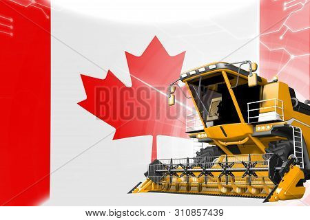 Digital Industrial 3d Illustration Of Yellow Advanced Wheat Combine Harvester On Canada Flag - Agric