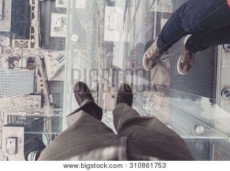 March 30, 2016, Chicago, Illinois, Usa. People In The Glass Cube Of The Willis Tower Skydeck