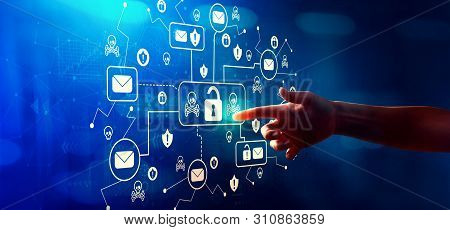 Email Virus And Scam Theme With Hand Pressing A Button On A Technology Screen