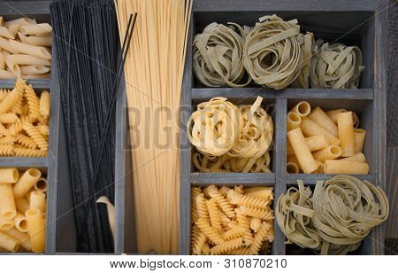 A Collage With Different Stuffed Pasta Such As Fusillini, Sedani Rigati, Spaghetti, Linguine, Fettuc