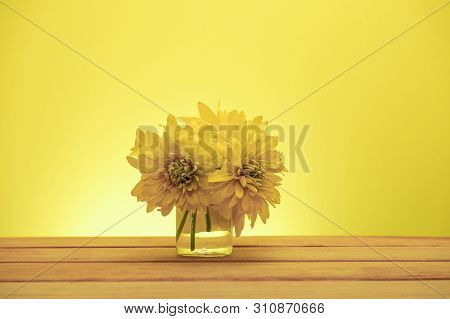 Beautiful Yellow Flowers On A Old Red Wooden Table, Yellow Background.