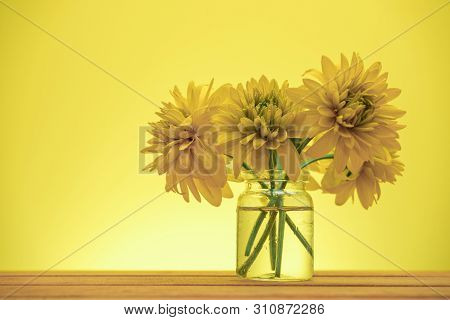 Beautiful Yellow Flowers On A Old Red Wooden Table, Yellow Background.