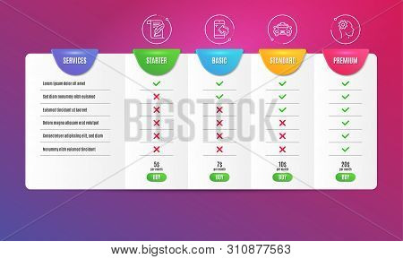 Incoming Call, Taxi And Feather Icons Simple Set. Comparison Table. Engineering Sign. Phone Support,