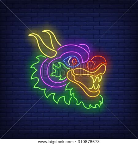 Dragon Head Neon Sign. Chinese, Mythology, Culture, Fantasy Design. Night Bright Neon Sign, Colorful