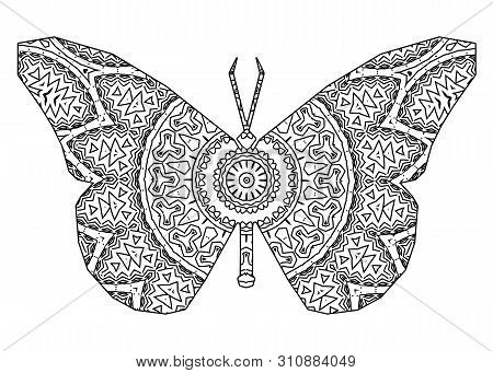 Silhouette Of Butterfly With King`s Circular Ornament.  Zentagle Art.