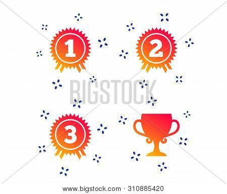First, Second And Third Place Icons. Award Medals Sign Symbols. Prize Cup For Winner. Random Dynamic