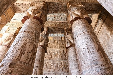 Columns In Denderah Temple, Qena, Egypt