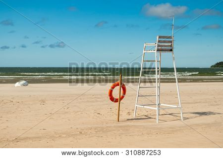 Lifeguard Tower And Lifering On Beautiful Sandy Beach Yyteri At Summer, In Pori, Finland