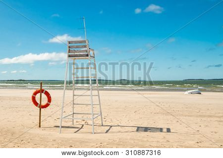 Lifeguard Tower And Lifering On Beautiful Sandy Beach Yyteri At Summer, In Pori, Finland