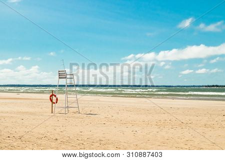 Lifeguard Tower And Lifering On Beautiful Sandy Beach Yyteri At Summer, In Pori, Finland