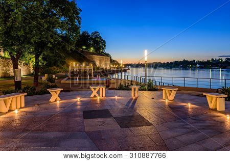 Narva, Estonia - June 23, 2019: Sightseeing Of Estonia. Beautiful Night View Of Narva. River Promena