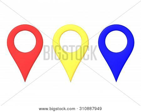 3D Rendering Of Red Yellow And Blue Map Location Pins
