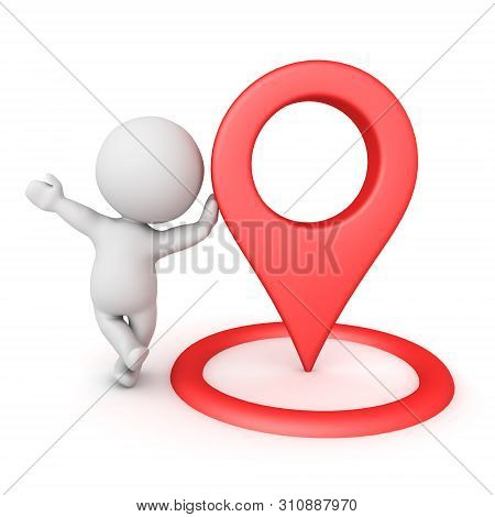 3D Character Leaning On Red Location Pin Wih Circle Below