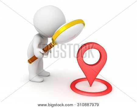 3D Character Looking With Magnifying Glass At Location Pin