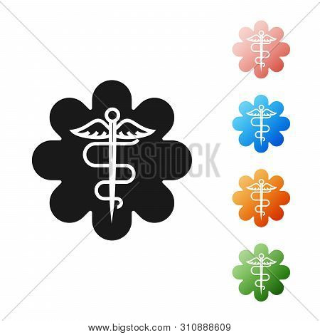 Black Emergency Star - Medical Symbol Caduceus Snake With Stick Icon Isolated On White Background. S
