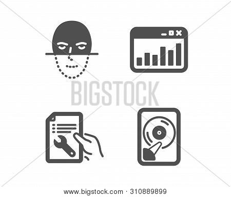 Set Of Marketing Statistics, Face Recognition And Repair Document Icons. Hdd Sign. Web Analytics, Fa
