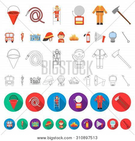Fire Department Cartoon Icons In Set Collection For Design. Firefighters And Equipment Bitmap Symbol