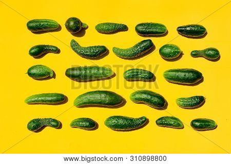 Different Sizes Forms Cucumbers Pattern On A Light Yellow Background. Copy Space.