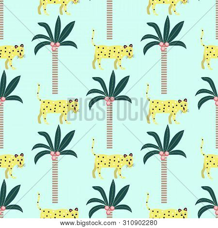 Seamless Pattern Of Leopards And Palm Trees On A Blue Background.