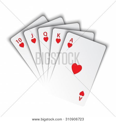 A Royal Flush Of Hearts On White Background, Winning Hands Of Poker Cards, Casino Playing Cards, Vec