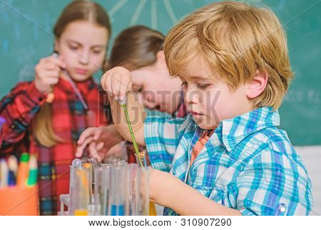Happy Children Use Tubes. Back To School. Biology Education. Microscope. Biology School Laboratory E