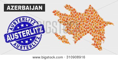 Vector Composition Of Flame Azerbaijan Map And Blue Rounded Textured Austerlitz Stamp. Orange Azerba