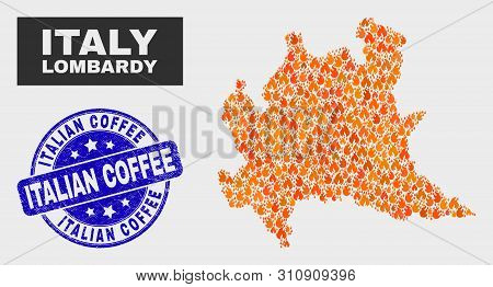 Vector Collage Of Flame Lombardy Region Map And Blue Round Textured Italian Coffee Stamp. Fiery Lomb
