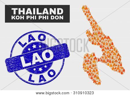 Vector Composition Of Fire Koh Phi Don Map And Blue Round Scratched Lao Stamp. Orange Koh Phi Don Ma