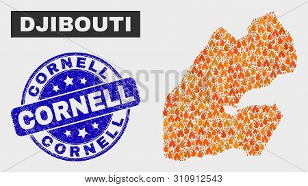Vector Composition Of Burn Djibouti Map And Blue Round Scratched Cornell Watermark. Fiery Djibouti M
