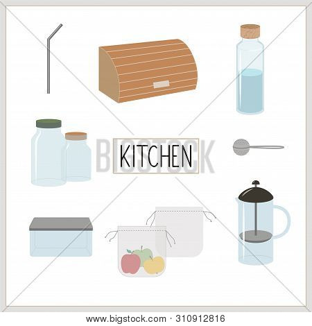 Set Of Vector Elements, Eco, Green And Zero Waste Lifestyle For Kitchen. Breadbox, Stainless Steel S