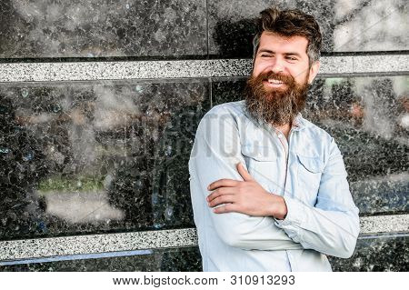 Beard Grooming. Guy Masculine Appearance With Long Beard. Barber Concept. Beard Care. Man Attractive