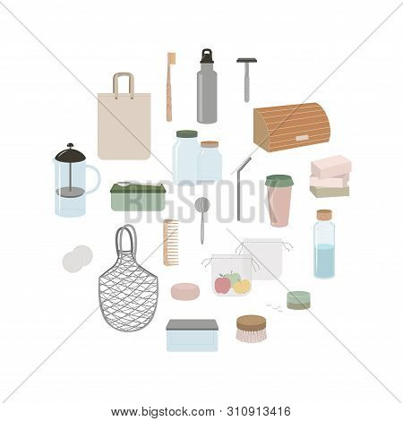 Vector Illustration. Infographic Template, Set Of Elements Of Eco, Green And Zero Waste Lifestyle In
