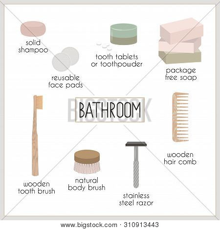 Set Of Vector Elements, Eco, Green And Zero Waste Lifestyle For Bathroom Cosmetics, Hygiene, Tooth B
