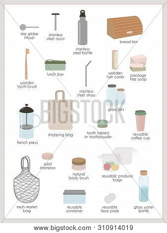 Set Of Signed Vector Elements, Eco, Green And Zero Waste Lifestyle On Light Background. Kitchen, Bat