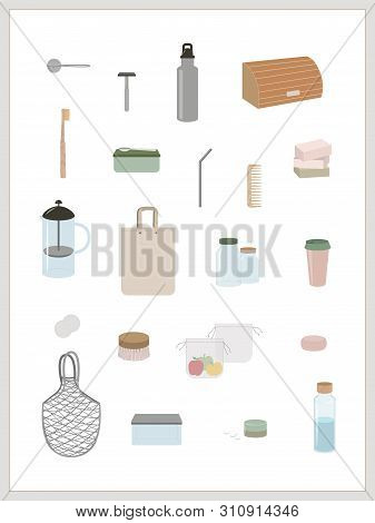 Set Of Vector Elements, Eco, Green And Zero Waste Lifestyle On Light Background. Kitchen, Bathroom, 