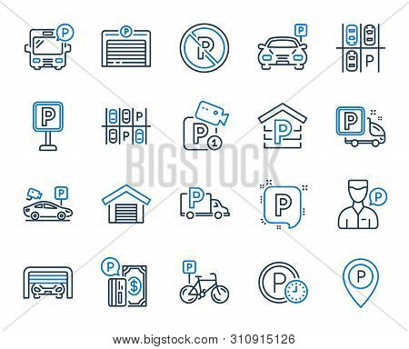 Parking Line Icons. Car Garage, Valet Servant And Paid Transport Parking Icons. Video Monitoring, Bi