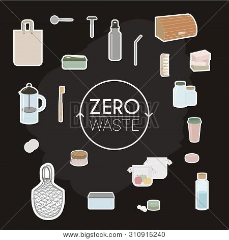 Vector Illustration. Infographic Template With Elements Of Zero Waste Lifestyle On Dark Background, 