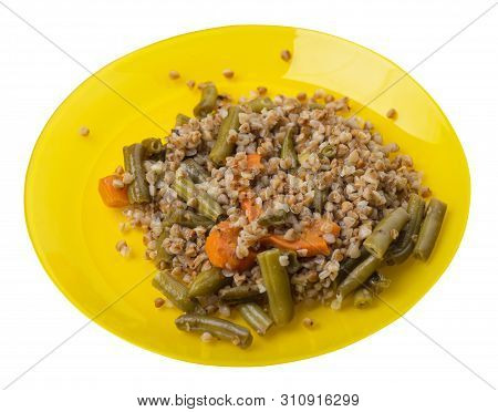 Buckwheat With Green Beans With Garlicand Carrots Isolated On White Background. Diet Breakfast On A 