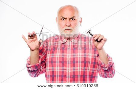 Barbershop Concept. Shaving Accessories. Scissors Cut And Brush Hair. Mature Bearded Man Isolated On