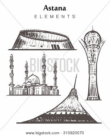 Set Of Hand-drawn Astana Buildings, Nur-sultan Elements Sketch Vector Illustration.