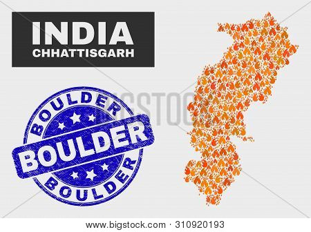 Vector Collage Of Flamed Chhattisgarh State Map And Blue Round Textured Boulder Seal. Orange Chhatti